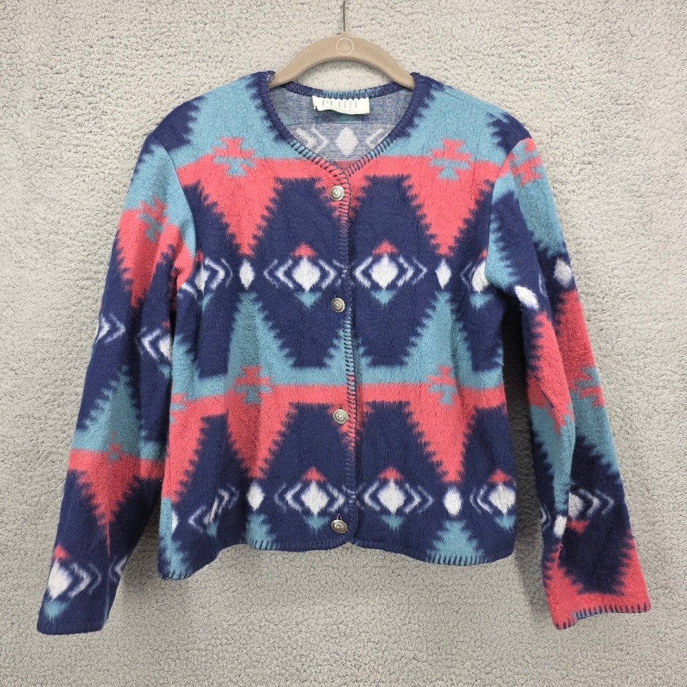 Petite Sophisticate Medium‎ Southwestern Geometric Print Fleece Cardigan Multi